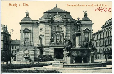 14622-Aussig-1912-Monumentalbrunnen vor dem Stadttheater-Brück & Sohn Kunstverlag
