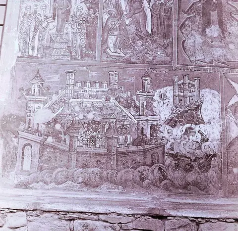 Research Bucovina, Vatra Moldovița. Pictorial detail on one of the exterior walls of the church - the conquest of Constantinople (1980)