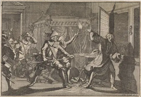 Albrecht von Wallenstein, hertog van Friedland, wordt vermoord door zijn eigen soldaten, 1634, RP-P-1896-A-19368-1948
