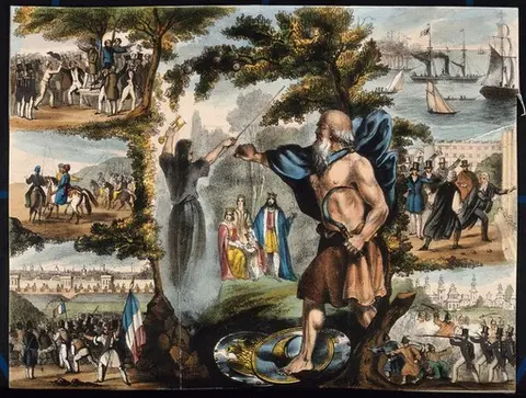 Astronomy: various apocalyptic scenes, including a mob in France, Merlin and King Arthur [?], and the Boxer Rebellion [?]. Coloured lithograph, n.d. [c.1840?].