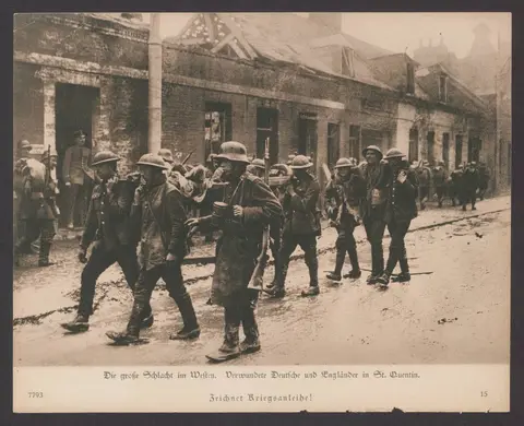 Die große Schlacht im Westen. Verwundete Deutsche und Engländer in St. Quentin. Zeichnet Kriegsanleihe! [Operation Michael]