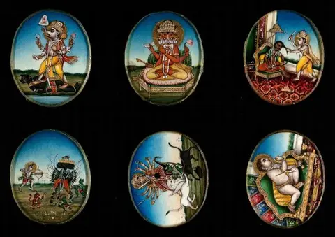 Six circular gouache paintings of Hindu gods, 19th century