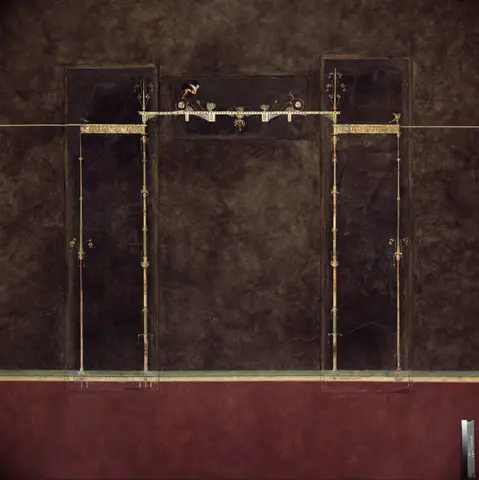Wall painting on black ground: supports with entrablature, from the imperial villa at Boscotrecase