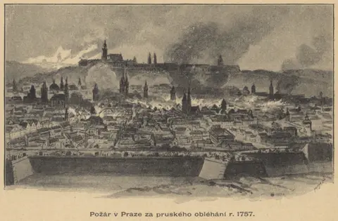 Hugo Schüllinger - Požár v Praze za pruského obléhání r. 1757 (Obrázkové dějiny národa českého, 1893)
