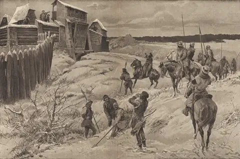 Catholic mercenaries in front of the Malešov Fortress (novel Jan Žižkal, 1925)