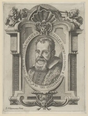 Portrait of Galileo Galilei set within an elaborate cartouche