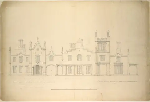 Belmead, Plantation Mansion for Philip St. George Cocke, Powhatan Co., Virginia (partial elevations of entrance facade, greenhouse facade and James River facade, shown as continuous)