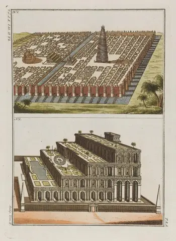 Babylon: the city (above); the hanging gardens of Babylon (below)