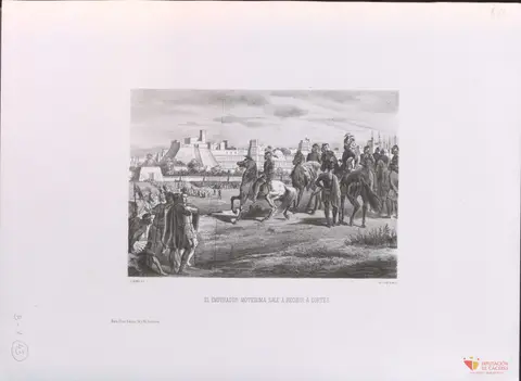 El emperador Moctezuma recibe a Hernán Cortés en México-Tenochtitlan.