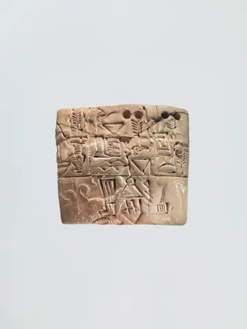 Proto-Cuneiform tablet with seal impressions: administrative account of barley distribution with cylinder seal impression of a male figure, hunting dogs, and boars