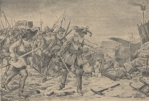 Arnošt Otovaldský se Švédy na hradbách Hradčanských (Obrázkové dějiny národa českého, 1910)