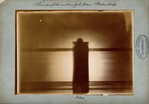 The door of Röntgen's laboratory, with a platinum plate attached to the handle, viewed under x-ray. Photoprint from radiograph by W.K. von Röntgen, 1895.