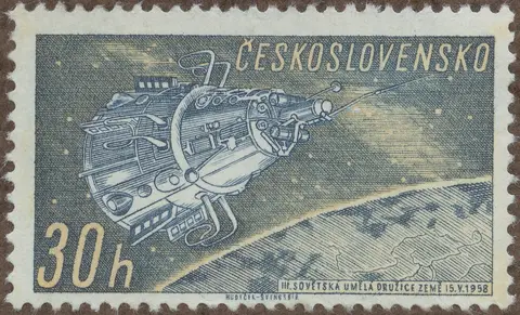 Frimärke ur Gösta Bodmans filatelistiska motivsamling, påbörjad 1950.
Frimärke från Tjeckoslovakiet, 1961. Motiv av "Sputnik III": Den tredje ryska satelliten: 1.327 Kg. 1.880 km. d. 15 maj 1958. "-Astronaut Serie-"