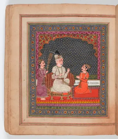 The story of the Bhagvadgita. Seated on the throne and served by an attendant waving a whisk made of peacock feathers, the blind king Dhrtarastra listens as the visionary narrator Sanjaya relates the events of the battle between the Kaurava and the Pandava clans