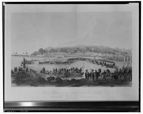 First landing of Americans in Japan, under Commodore M.C. Perry at Gore-Hama July 14th 1853 - W. Heine del. ; E. Brown Jr. direxit. ; lith. of Sarony & Co. N.Y. LCCN2007686806