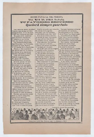 Broadsheet with victim accounts from a flood in Guanajuato, crowd of people waiving their hands and praying