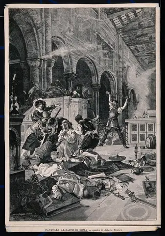 A massacre in a church during the Sack of Rome: a priest is about to be stabbed and another priest is lying dead on the floor before the altar. Wood engraving by R. Venturi after himself.