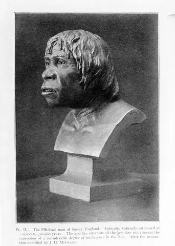 Bust 3/4 face. The Piltdown man of Sussex, England.