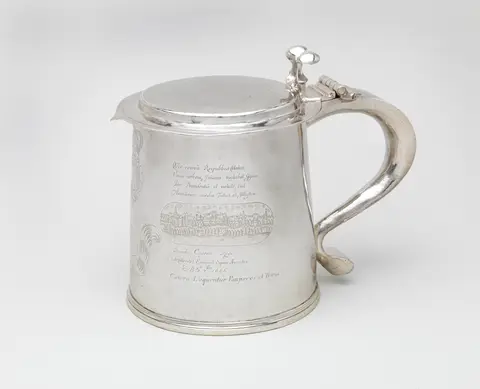 Tankard engraved with scenes of the Great Plague and the Great Fire of London