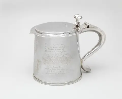 Tankard engraved with scenes of the Great Plague and the Great Fire of London