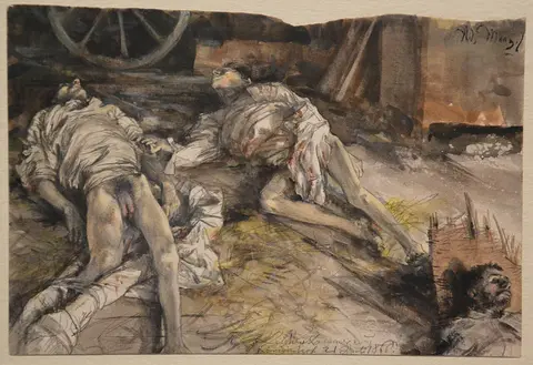 Adolph Menzel - Leichen-Kammer zu Koninginhof - Drei gefallene Soldaten in einer Scheune (21 July 1866)