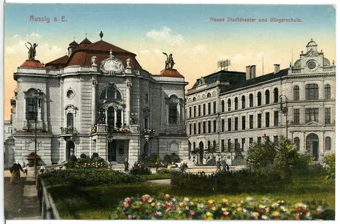 12638-Aussig-1911-Neues Stadttheater und Bürgerschule-Brück & Sohn Kunstverlag
