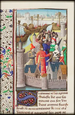 Trojan refugees under the leadership of Aeneas disembark in Latium founding Rome; burning ships (background)