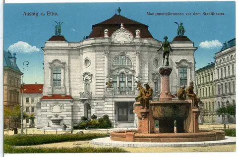 14884-Aussig-1912-Monumentalbrunnen vor dem Stadttheater-Brück & Sohn Kunstverlag
