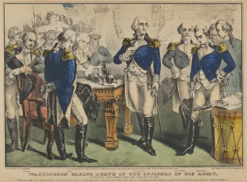 Washington Taking Leave of the Officers of His Army at Fraunces Tavern, Broad Street, New York, December 4th, 1783: "With a heart full of love and gratitude, I now take leave of you. I most devoutly wish that your latter days may be as prosperous and happy, as your former ones have been glorious and honorable."