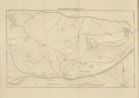 map from "[The Hastings Guide: containing a description of that ancient town and port ... To which is added, an account of the Cinque Ports, and a minute detail of the ... battle of Hastings. The fifth edition.]".