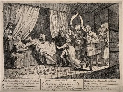 Mary Toft (Tofts) appearing to give birth to rabbits in the