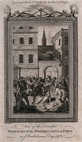 The St Bartholomew's Eve Massacre: Men, women and children are thrown out of windows or slaughtered with swords and pikes on the streets of Paris in 1572.