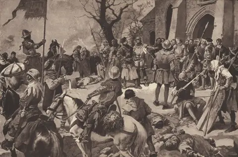 Viktorín z Poděbrad (in the centre) and Hašek Ostrovský of Valdštejn after the battle of Vyšehrad (novel Jan Žižkal, 1925)