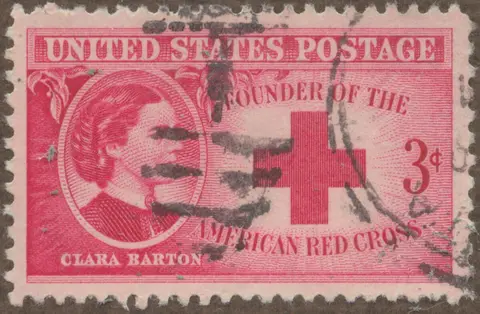 Frimärke ur Gösta Bodmans filatelistiska motivsamling, påbörjad 1950.
Frimärke från U.S.A, 1948. Motiv av Clara Barton (1821-1912). Grundare av Amerikas "Röda Korset" 1882.