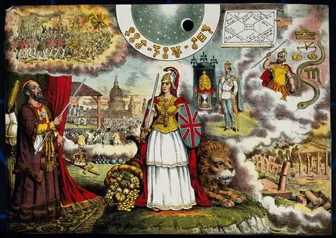 Astronomy: various apocalyptic scenes, including an earthquake, a mob by St Paul's, Prince Albert [?], and the Boxer Rebellion [?]. Coloured lithograph, n.d. [c.1841?].
