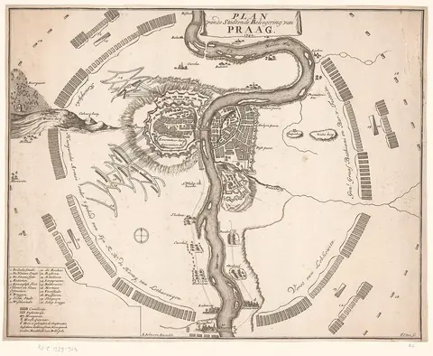 Plattegrond van de belegering van Praag, 1742 Plan van de stadt en de beleegering van Praag (titel op object), RP-P-1939-924