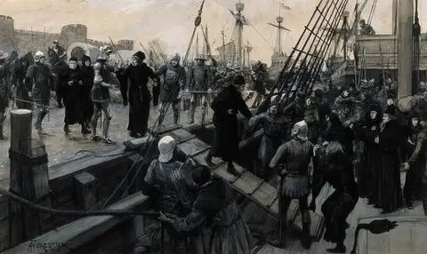 Hundred Years' War: surgeons and craftsmen of surgical instruments being forced to go with the English army as part of the 1415 invasion of France. Gouache painting by A. Forestier, 1913.