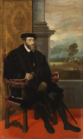 Portrait of Charles V, Holy Roman Emperor, seated (1500–1558), formerly attributed to Titian (Alte Pinakothek, Munich)