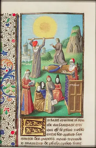 Pythagoras reading and teaching; Thales, measuring the sun, calculated with accuracy the solar eclipse