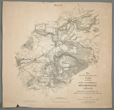 Plan der Gefechtsfelder von Podol am 26. Juni, und der 7. und 8. Division bei Münchengrätz am 28. Juni 1866