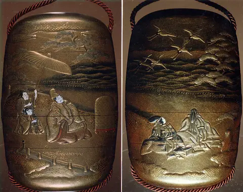 Case (Inrō) with Design of Minamoto no Yoritomo and Courtiers Watching Released Cranes Fly Away at Akanumagahara