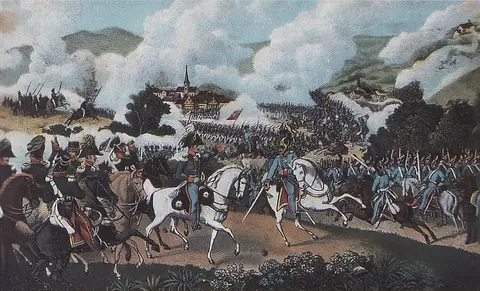 Bitva u Chlumce 1813, pruský král velí dragounům k útoku (dle Weibezahla)