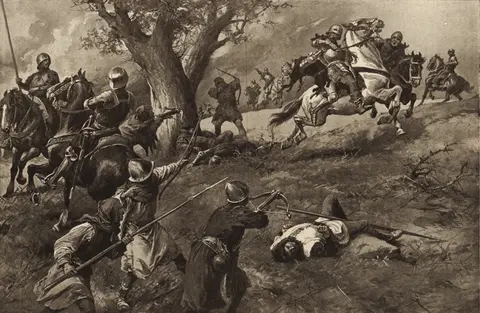 Jakoubek of Vřesovice trying to save old Waldenburg, who is hit in his back, on his horse (V. Černý)