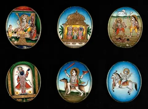 Six circular gouache paintings of Hindu gods, 19th century