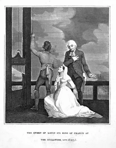 Marie Antoinette, Queen of France, kneeling before the guillotine next to her confessor on the day of her execution, 16 October 1793. Line engraving with etching, 1815.