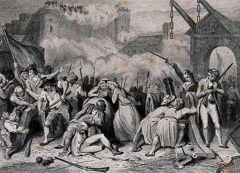 The storming of the Bastille on the 14 July 1789. Line engraving with etching.