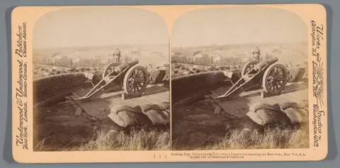 Looking from Johannesburg Fort toward Jeppertown (showing old Boer Gun), Boer War, South Africa