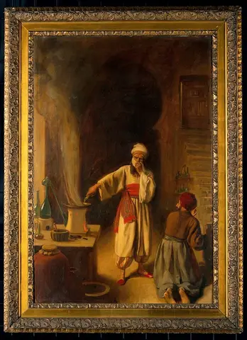 Rhazes, Arab physician and alchemist, in his laboratory at Baghdad.