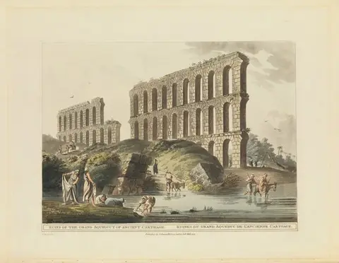 Ruins of the grand aqueduct of ancient Carthage.; ruines du grand aqueduc de l'ancienne Carthage. Coloured aquatint, 1803, after L.Mayer