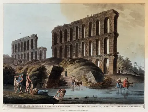Ruins of the Grand Aqueduct of Ancient Carthage. Coloured aquatint, 1803, after L. Mayer.